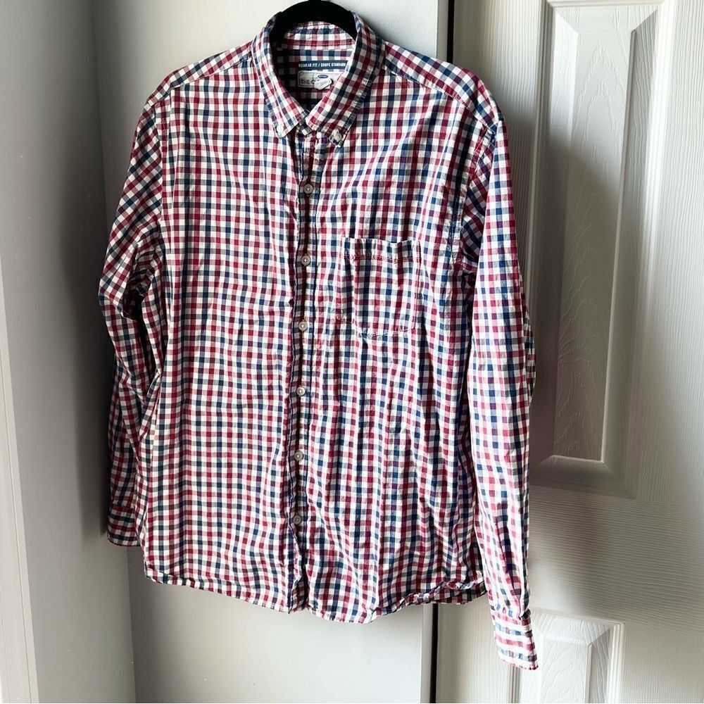 Old Navy Navy Maroon Checkered Classic Regular Fit Button Down Dress Shirt - XL